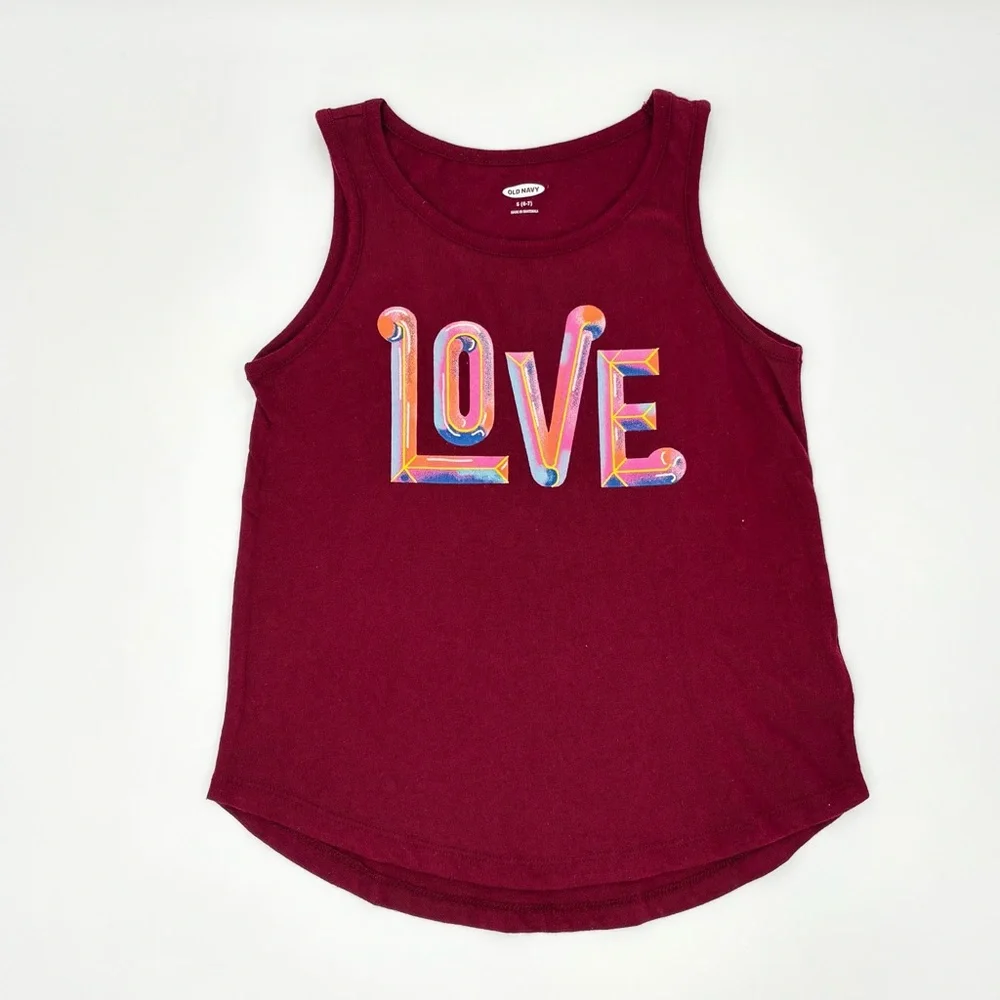 EUC Old Navy Burgundy Tank Top with Colorful Love Graphic